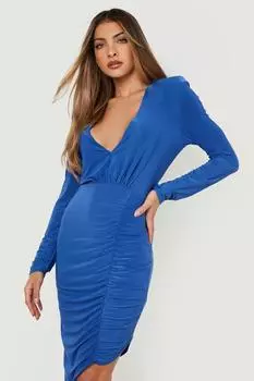 Платье миди с подплечниками и со сборами Boohoo, синий