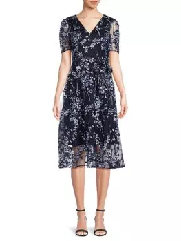 Платье миди с поясом и цветочной вышивкой Kensie, темно-синий