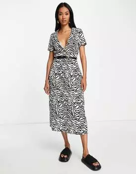 Платье миди с поясом и короткими рукавами в монохромном принте ASOS DESIGN