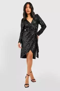 Платье миди с поясом и пайетками Boohoo, черный