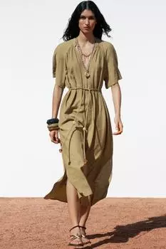 Платье миди с поясом из бисера ZARA, хаки