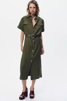 Платье миди с поясом ZARA, хаки