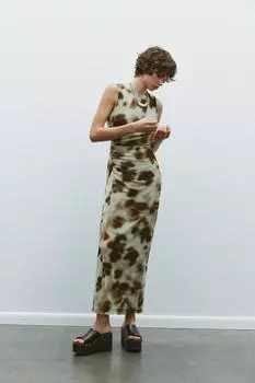 Платье миди с принтом и драпировкой ZARA, цвет Greens