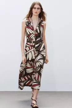 Платье миди с принтом и поясом ZARA, разноцветный