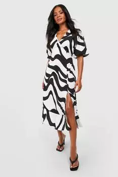 Платье миди с принтом и рукавами-пухами Boohoo, черный