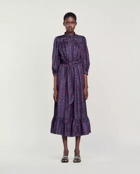 Платье миди с принтом и рюшами Sandro, фиолетовый