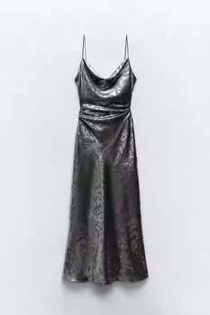 Платье миди с принтом из фольги ZARA, серебряный