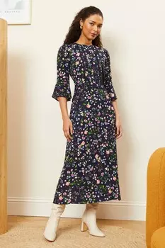 Платье миди с принтом расклешенными рукавами высоким вырезом и кружевной отделкой Love & Roses, синий