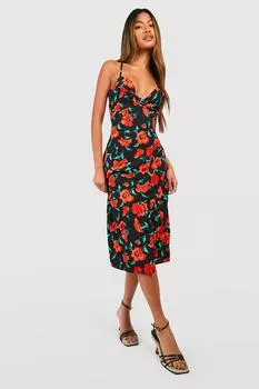 Платье миди с принтом розы Boohoo, красный