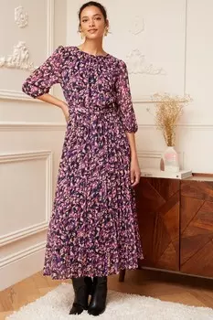 Платье миди с принтом, рукавами 3/4, плиссировкой и поясом Love & Roses, красный