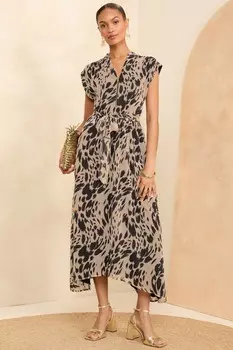 Платье миди с принтом, рукавами подворотами, молнией спереди Love & Roses, бежевый