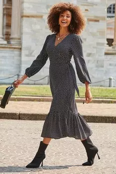 Платье миди с принтом в горошек и поясом Sosandar, черный