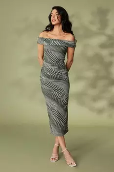 Платье-миди с принтом в полоску цвета хаки и вырезом лодочкой QUIZ Clothing