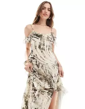Платье-миди с принтом в стиле бардо со смешанным рисунком серого цвета Mango