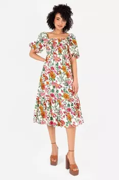 Платье миди с присборенным лифом и квадратным вырезом, рукавами фонариками Lovedrobe, бежевый