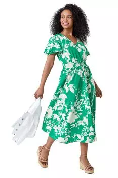 Платье миди с присборенными краями и принтом Petite Leaf Roman, зеленый