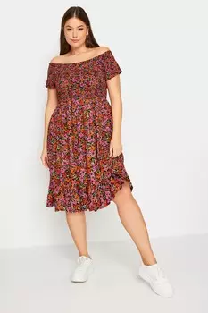 Платье миди с присборенными краями и открытыми плечами Yours, розовый