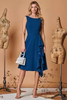 Платье миди с приталенным верхом расклешенным низом и рюшами Jolie Moi, синий