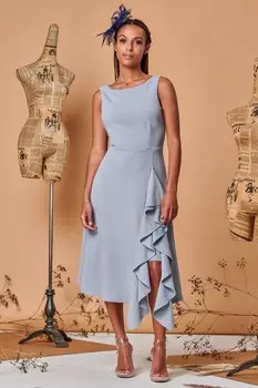 Платье миди с приталенным верхом расклешенным низом и рюшами Jolie Moi, синий