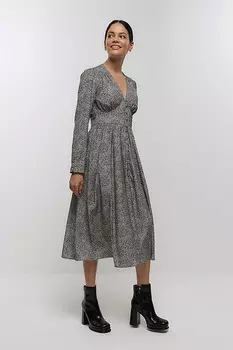 Платье миди с пуговицами и абстрактным узором River Island, серый
