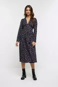 Платье миди с пуговицами и цветочным узором River Island, черный