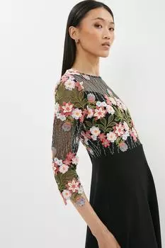 Платье миди с пышной юбкой и кружевным лифом с 3d цветочным принтом Coast, черный