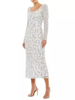 Платье миди с пышными рукавами и бисером Mac Duggal, цвет Ivory Multi