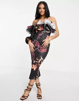 Платье миди с пышными рукавами и цветочным принтом ASOS DESIGN