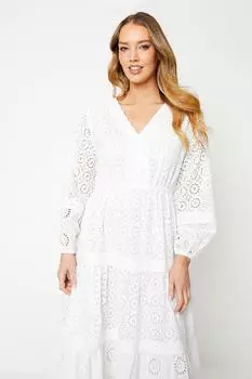Платье миди с пышными рукавами и отделкой Broderie Oasis, белый