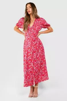 Платье миди с пышными рукавами и пуговицами с цветочным принтом boohoo, розовый