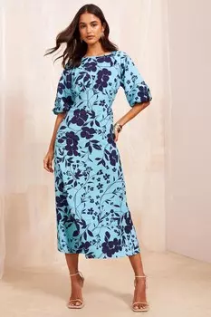 Платье миди с пышными рукавами и завышенной талией Friends Like These, синий