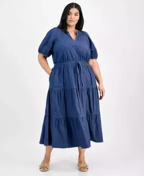 Платье миди с пышными рукавами и ярусами для полных Anne Klein, синий