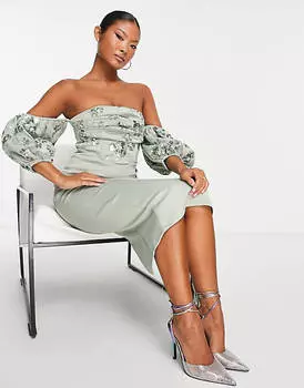 Платье миди с пышными рукавами и цветочным декором ASOS DESIGN Petite