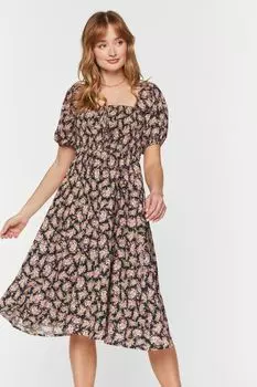 Платье миди с пышными рукавами и цветочным принтом Forever 21, черный