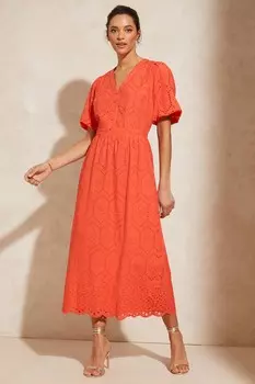 Платье миди с пышными рукавами V-образным вырезом и английской вышивкой Love & Roses, оранжевый