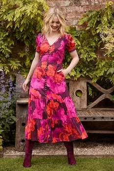 Платье миди с ярким винтажным цветочным принтом, рукавами фонариками и V образным вырезом Joe Browns, розовый