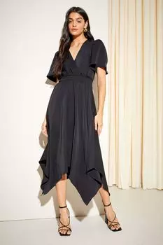 Платье миди с расклешенными рукавами асимметричным подолом V-образным вырезом и присборенной талией Friends Like These, черный
