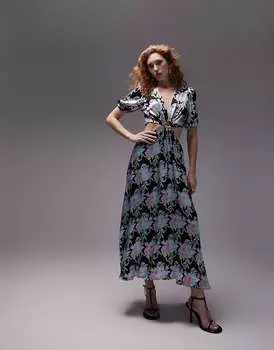 Платье миди с расклешенными рукавами и вырезом на талии Topshop с размытым цветочным принтом