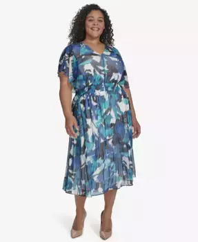 Платье миди с расклешенными рукавами и принтом Plus Size DKNY, синий