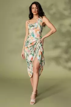 Платье миди с разноцветным атласным мраморным принтом и сборками QUIZ Clothing