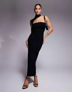 Платье миди с разрезом и высоким воротом черного цвета ASOS DESIGN