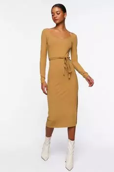 Платье миди с разрезом на завязках на талии Forever 21, кэмел