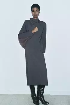 Платье миди с разрезом ZARA, серый