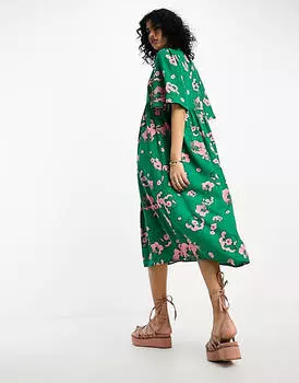 Платье миди с развевающимися рукавами Vila с зелено-розовым цветочным принтом
