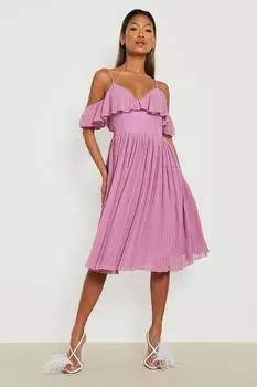 Платье миди с рубками и холодными плечами Boohoo, роза