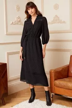 Платье миди с рукавами 3/4 из ткани с мелким узором и кружевной отделкой Love & Roses, черный