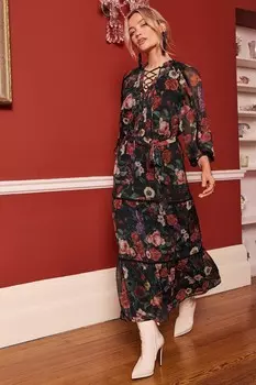 Платье миди с рукавами 3/4 и завязками, многослойное Love & Roses, черный