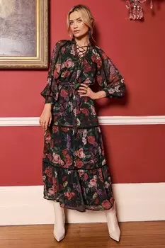 Платье миди с рукавами 3/4 и завязками, многослойное Love & Roses, черный