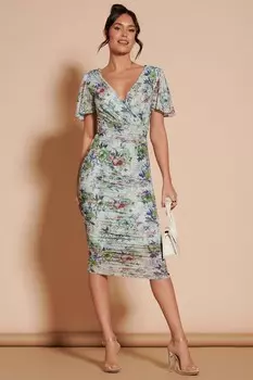 Платье миди с рукавами ангелочками и сборками из сетки Jolie Moi, зеленый