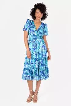 Платье миди с рукавами-буфами и присборенной талией Lovedrobe, синий